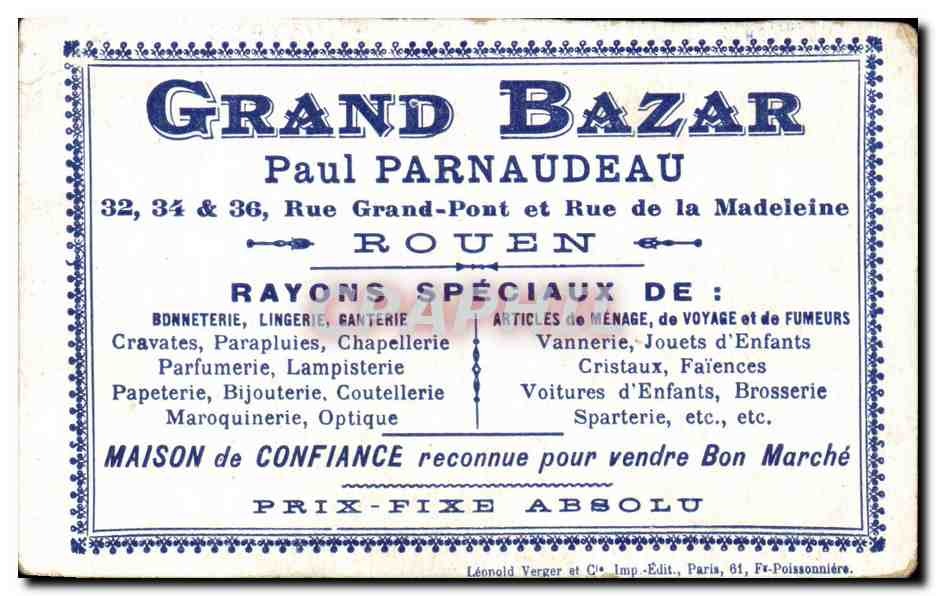 Chromo Grand Bazar Paul Parnaudeau Grand Bazar Rue Grand Pont Madeleine Rouen Pavillon du Japon Exposition Paris 1900 — Verso