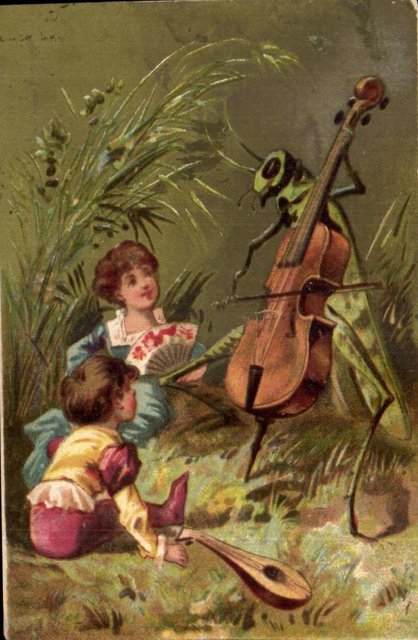 Chromo Enfants Criquet Violoncelles Eventail