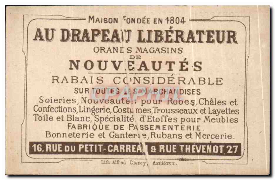 Chromo Au Drapeau Liberateur Nouveautes Chasseur Chasse Rue du petit Carreau et Rue Thevenot — Rückseite