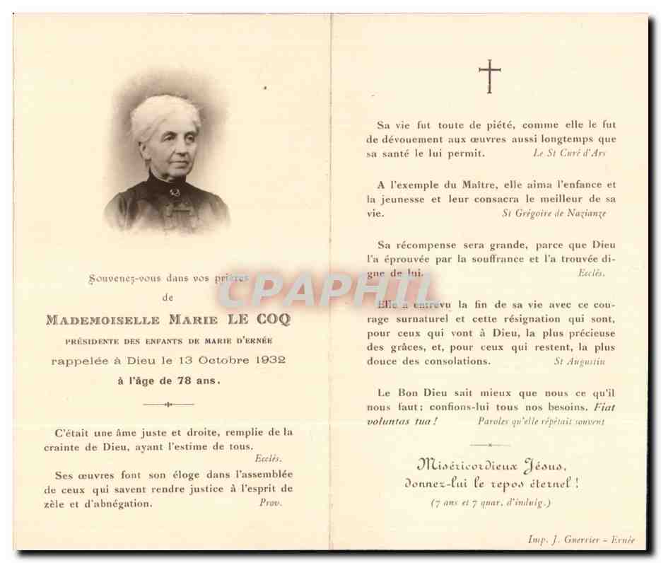 Image pieuse Mademoiselle Marie Le Coq President Des Enfants De Marie D'Ernee Rappelee a Dieu 