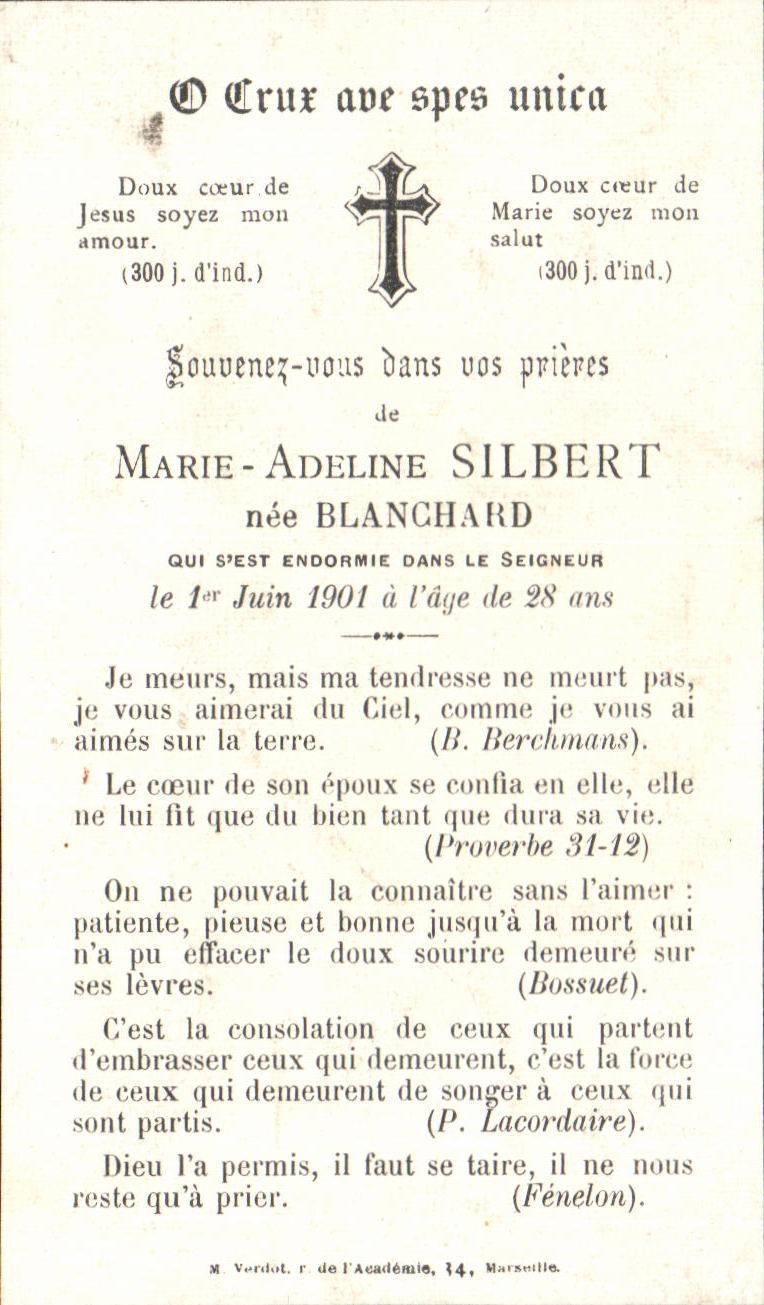 Image pieuse Marie Adeline Silbert Blanchard 