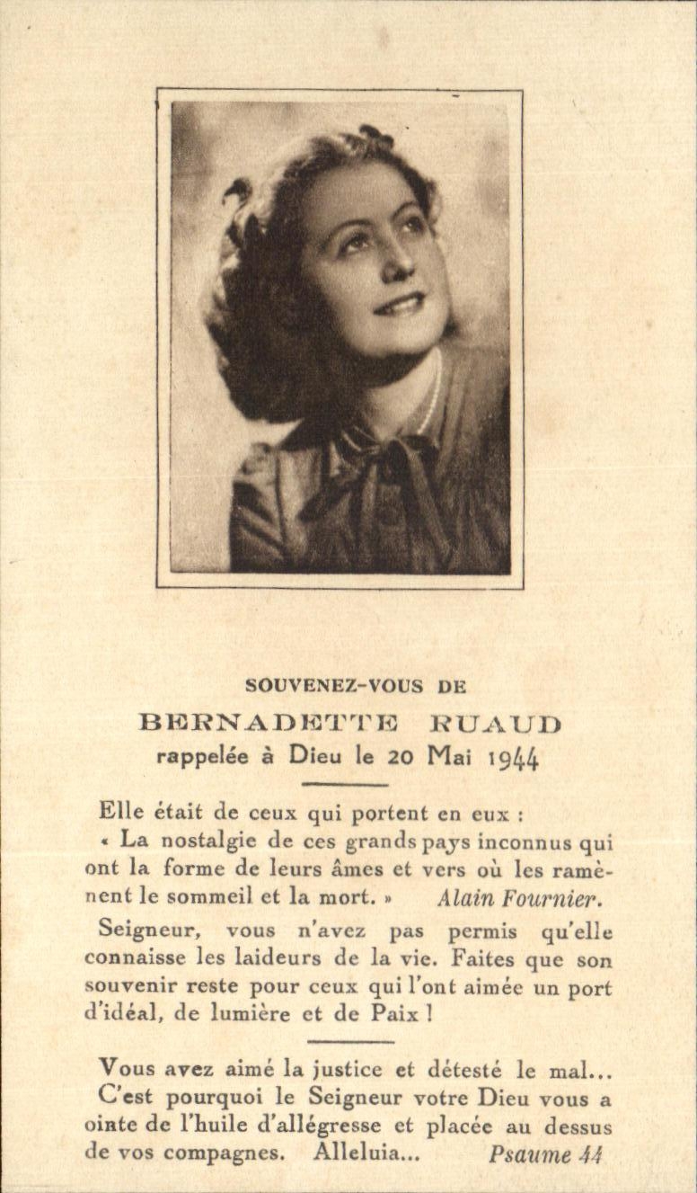 Bernadette Ruaud — souvenir de sa mort le 20 mai 1944 — Héliog. Dujardin