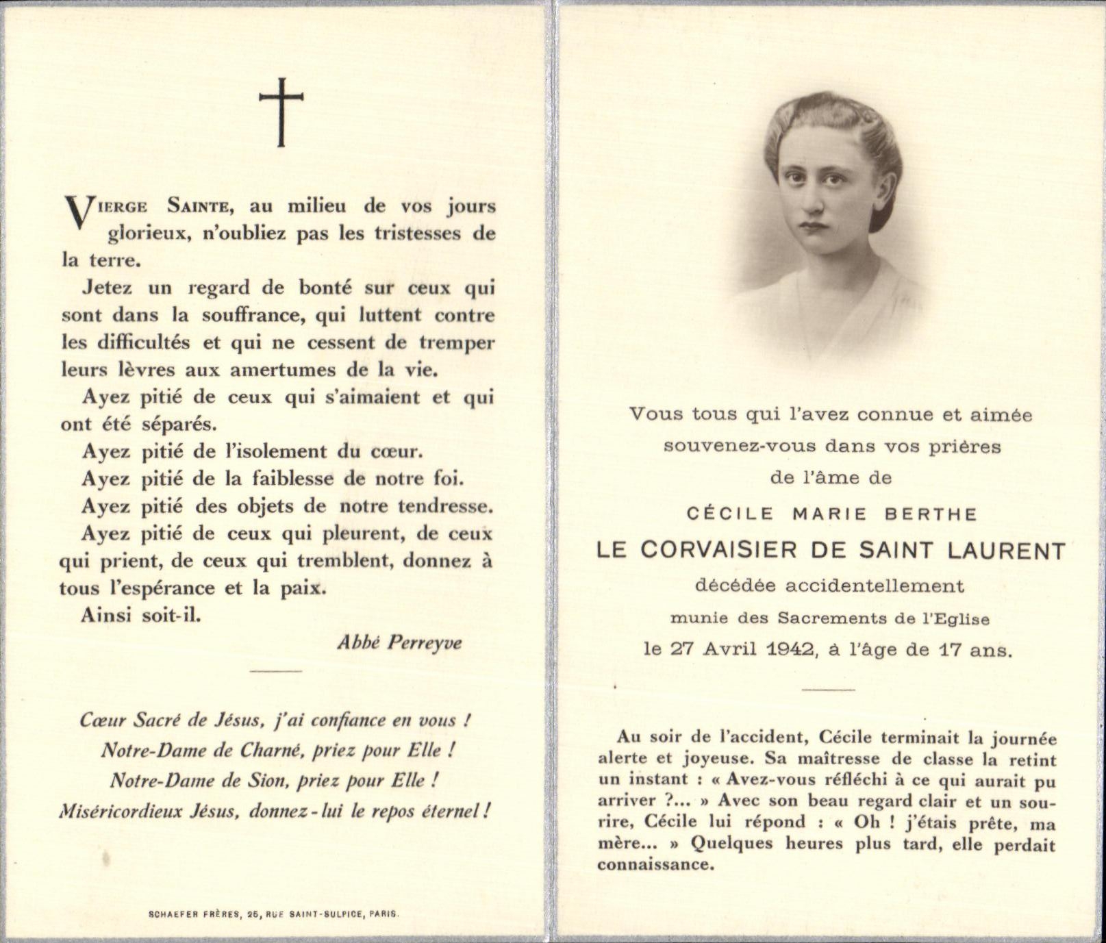 Cécile Marie Berthe Le Corvaisier — décédée accidentellement le 27 avril 1942 — éditeur Schaefer Frères, 56 rue Saint-Sulpice, Paris