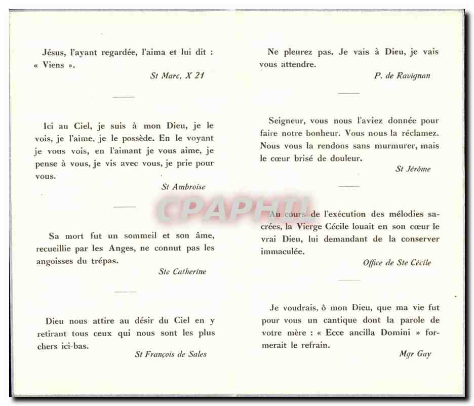 Cécile Marie Berthe Le Corvaisier — décédée accidentellement le 27 avril 1942 — éditeur Schaefer Frères, 56 rue Saint-Sulpice, Paris — Verso