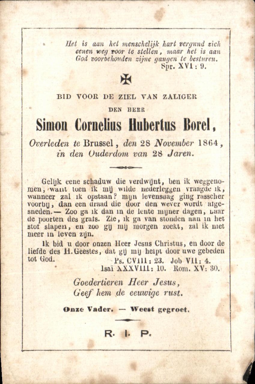 Décès de Simon Cornelius Hubertus Borel — Bruxelles, 28 novembre 1864 — R.I.P.
