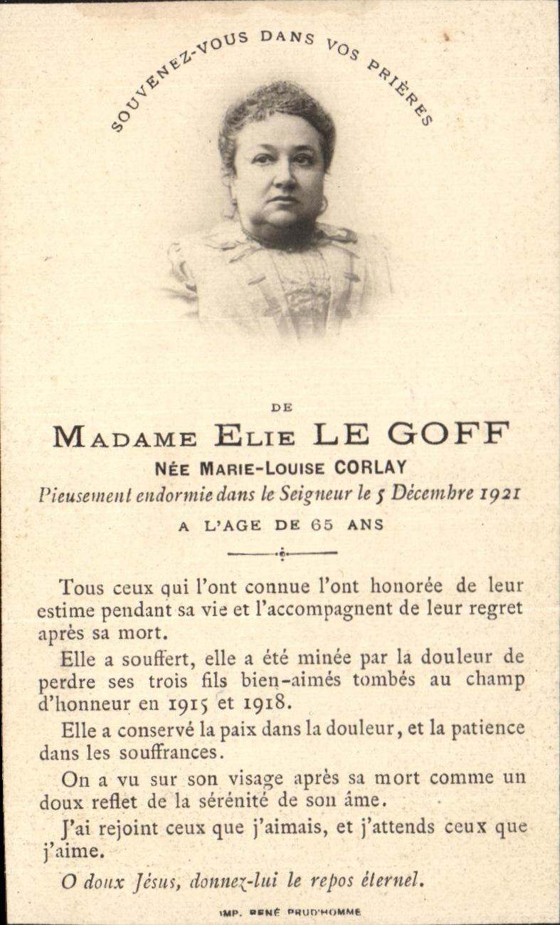 Image pieuse Madame Elie Le Goff Nee Marie Louise Corlay 