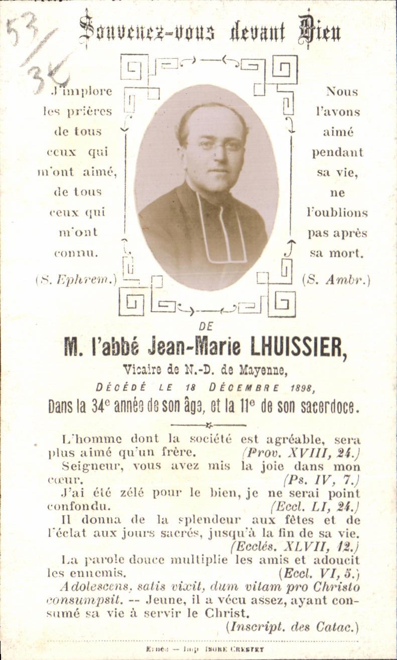 Image pieuse Abbe Jean-Marie Lhuissier Vicaire de ND de Mayenne 