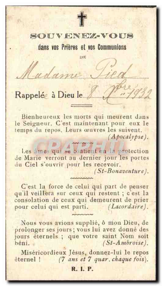 Image pieuse Souvenez Vous Dans vos Prieres et Vos Communions Madame Pied
