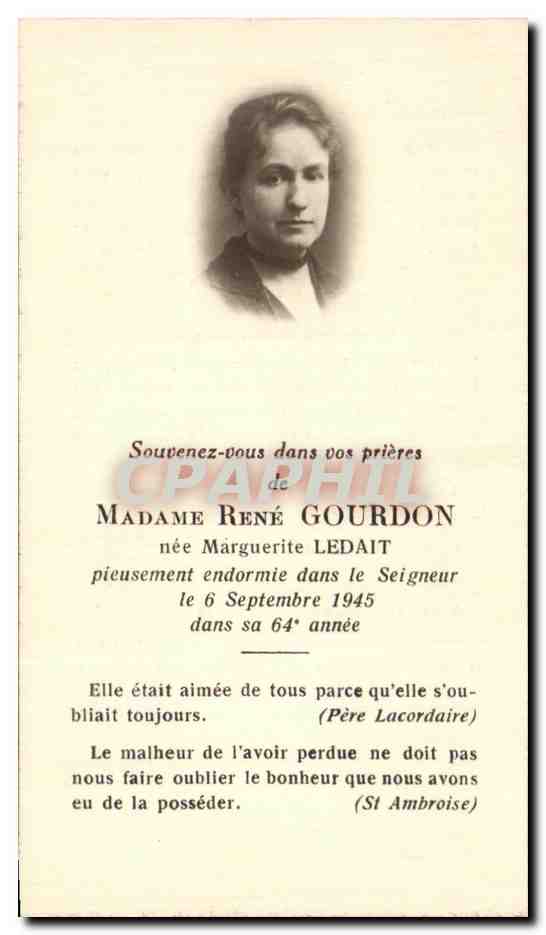 Madame René Gourdon — née Marguerite Ledait — décédée le 6 septembre 1945 — L. Lesort, éditeur, 5 rue de Grenelle, Paris