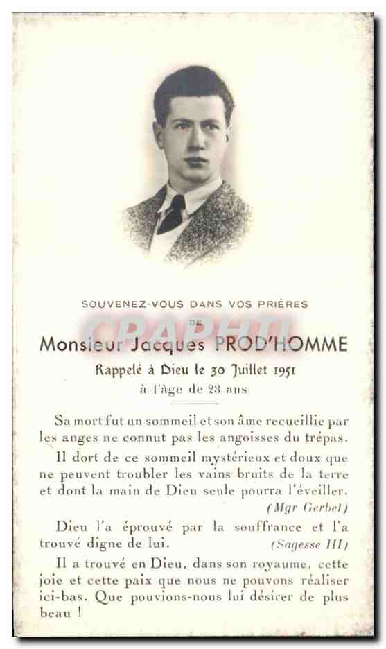 Monsieur Jacques PROD'HOMME — décédé à 23 ans le 30 juillet 1951 — Lib. Béon Rennes