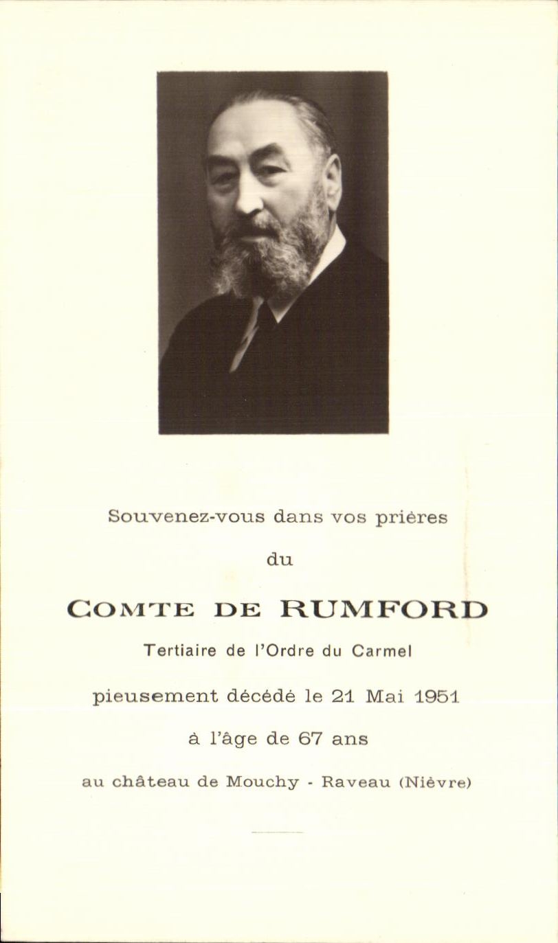 Souvenir du Comte de Rumford — Tertiaire de l'Ordre du Carmel — décédé à Mouchy-Raveau (Nièvre) le 21 mai 1951