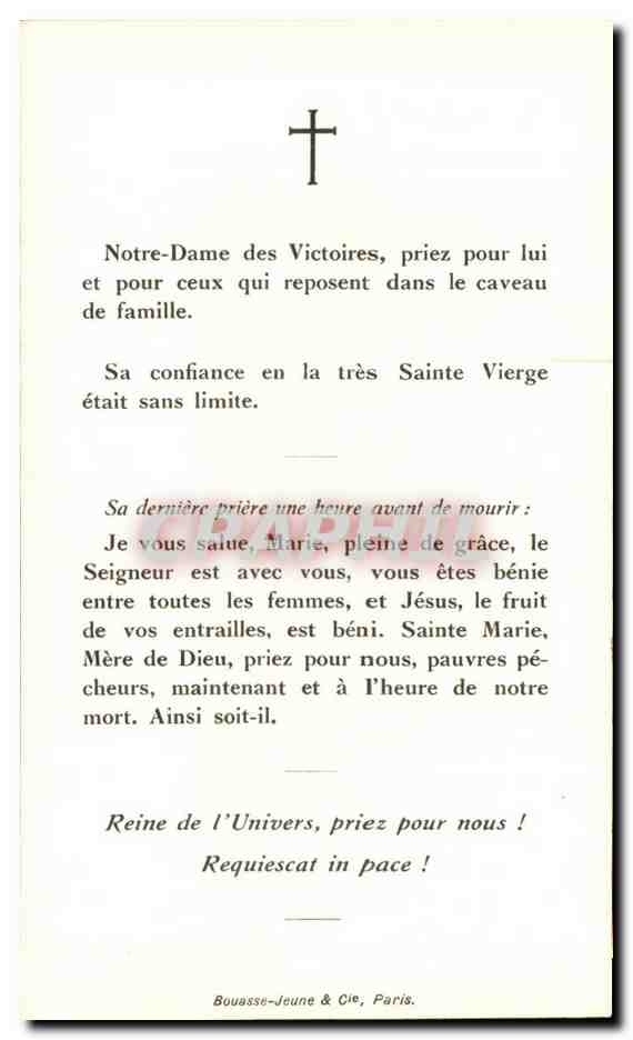 Souvenir du Comte de Rumford — Tertiaire de l'Ordre du Carmel — décédé à Mouchy-Raveau (Nièvre) le 21 mai 1951 — Verso