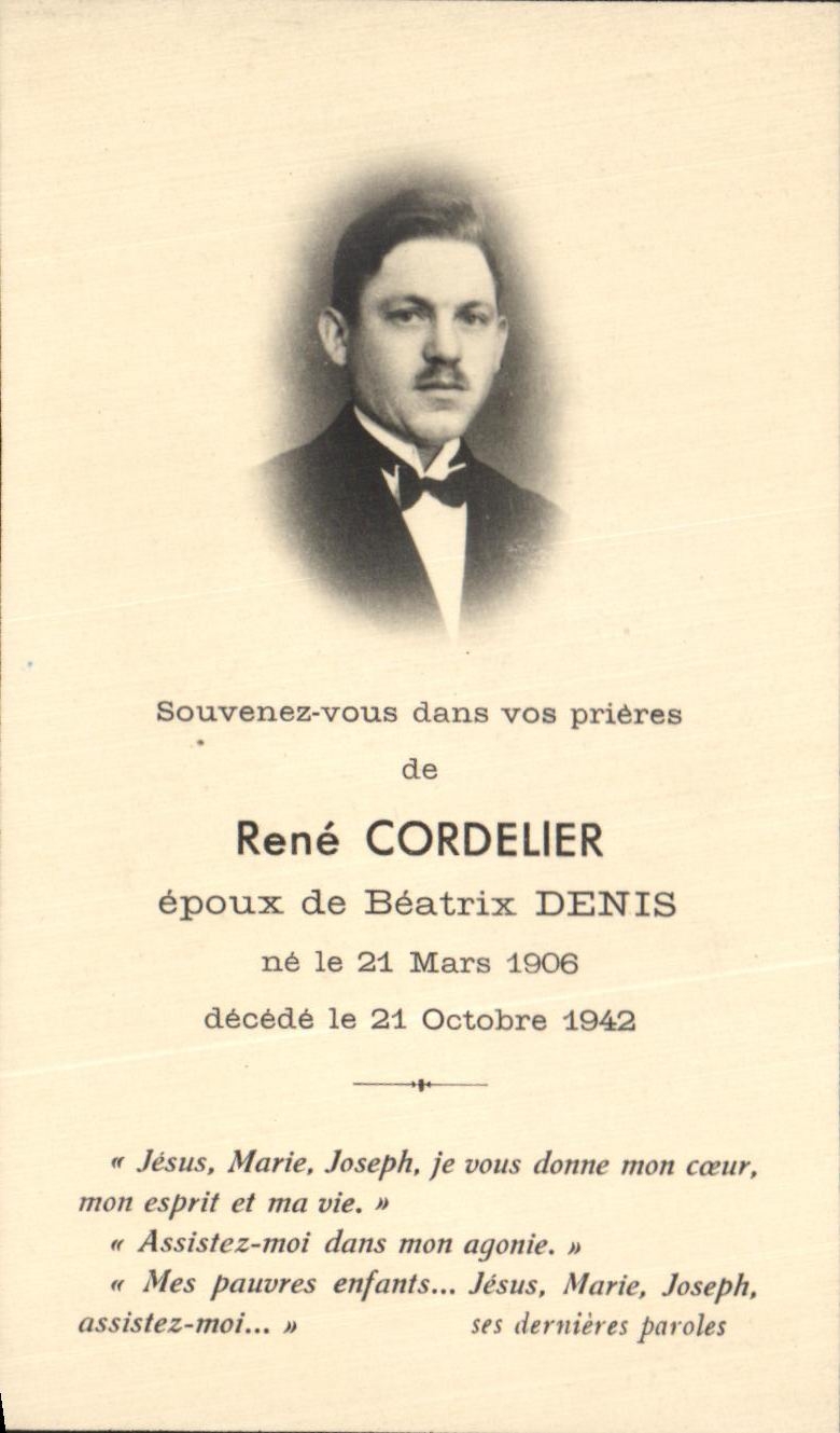 René Cordelier — carte de deuil — éditeur Rouassee, Paris, n° 6038