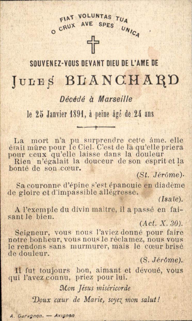 Souvenez-vous devant Dieu de l'âme de Jules Blanchard — Décédé à Marseille le 25 janvier 1894 — A. Garagnon — Avignon