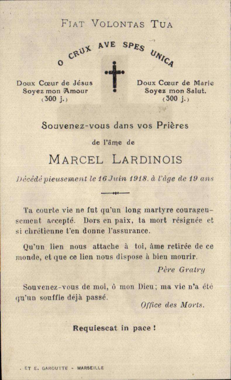 Marcel Lardinois — décédé le 16 juin 1918 à 19 ans — Ét. E. Garoutte, Marseille