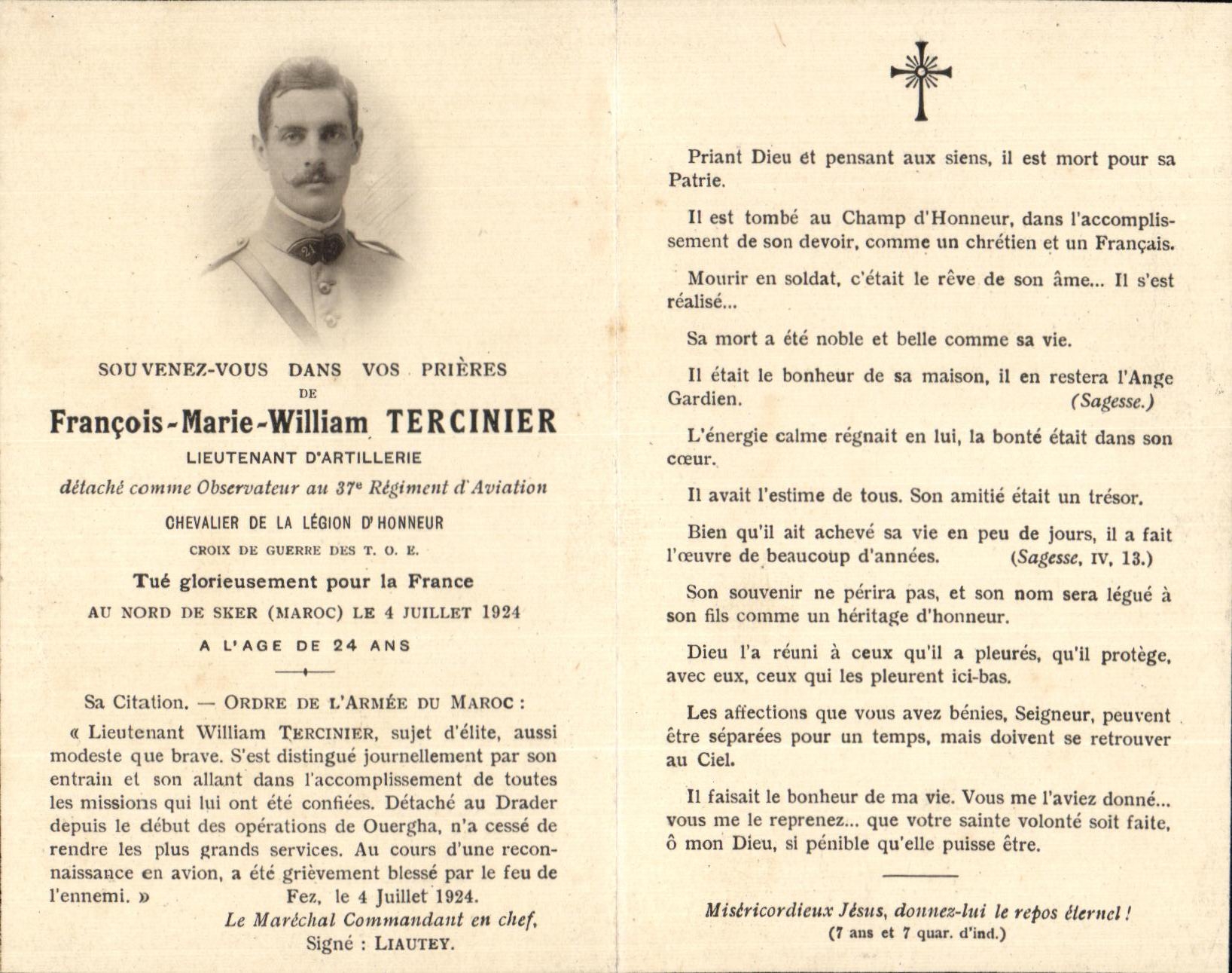 Image pieuse Francois Marie William Tercinier Lieutenant d'artillerie 37eme Regiment d'aviation Militaria