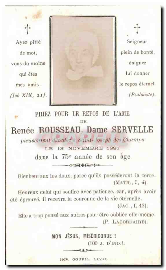 Image pieuse Renee Rousseau Dame Servelle Saint Joseph des Champs 