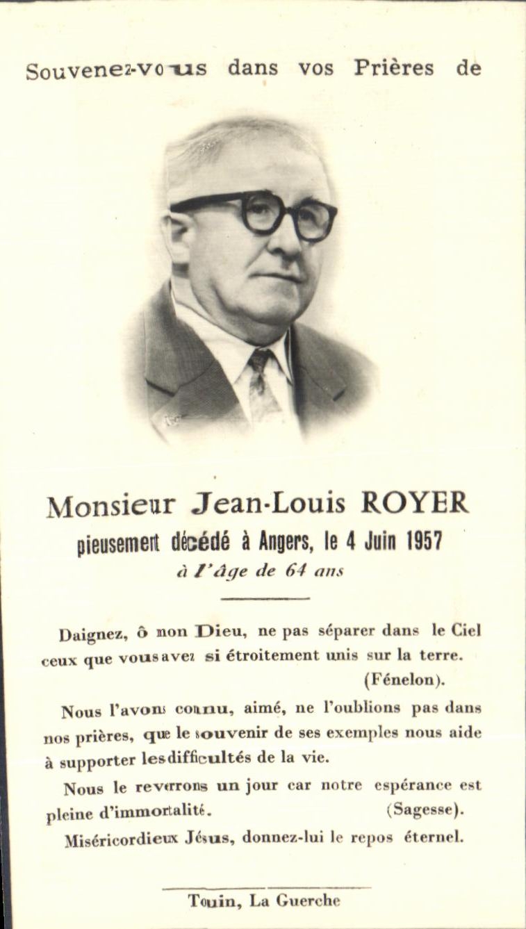 Monsieur Jean-Louis Royer — décédé à Angers le 4 juin 1957 — éditeur inconnu