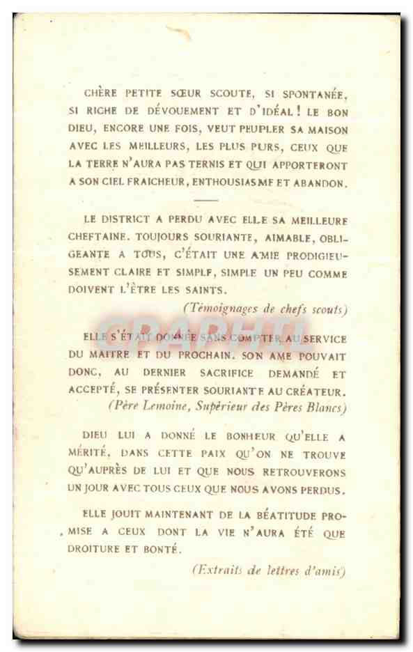 Image pieuse Andree Jacquart Cheftaine De louveteaux Scout — Verso