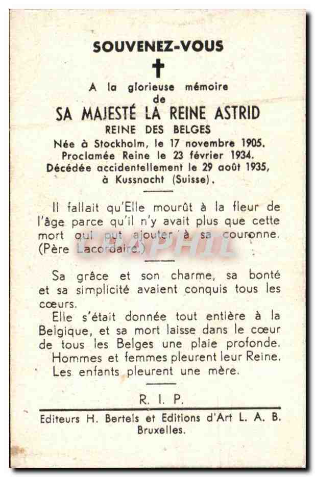 Astrid, Reine des Belges — souvenir de sa mort en 1935 — Editeurs H. Bertels et Editions d'Art L.A.B. Bruxelles