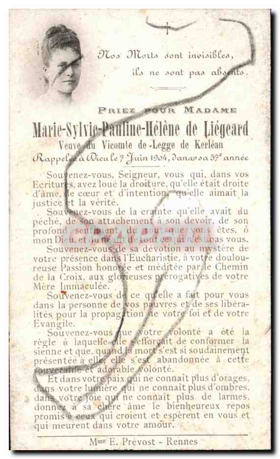 Image pieuse Marie Sylvie Pauline Helene De Liegeard Veuve Du Vicomte De Legge De Kerlean