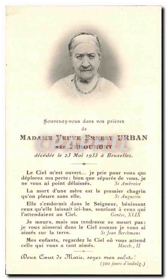 Image pieuse Madame Veuve Ernest Urban Feroumont Bruxelles 