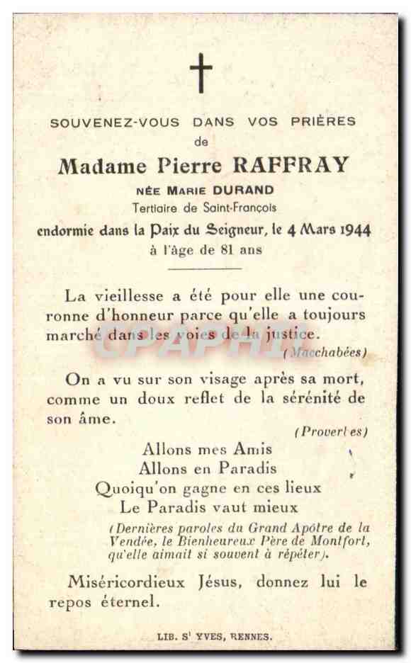 Madame Pierre Raffray — Née Marie Durand — Lib. S. Yves, Rennes