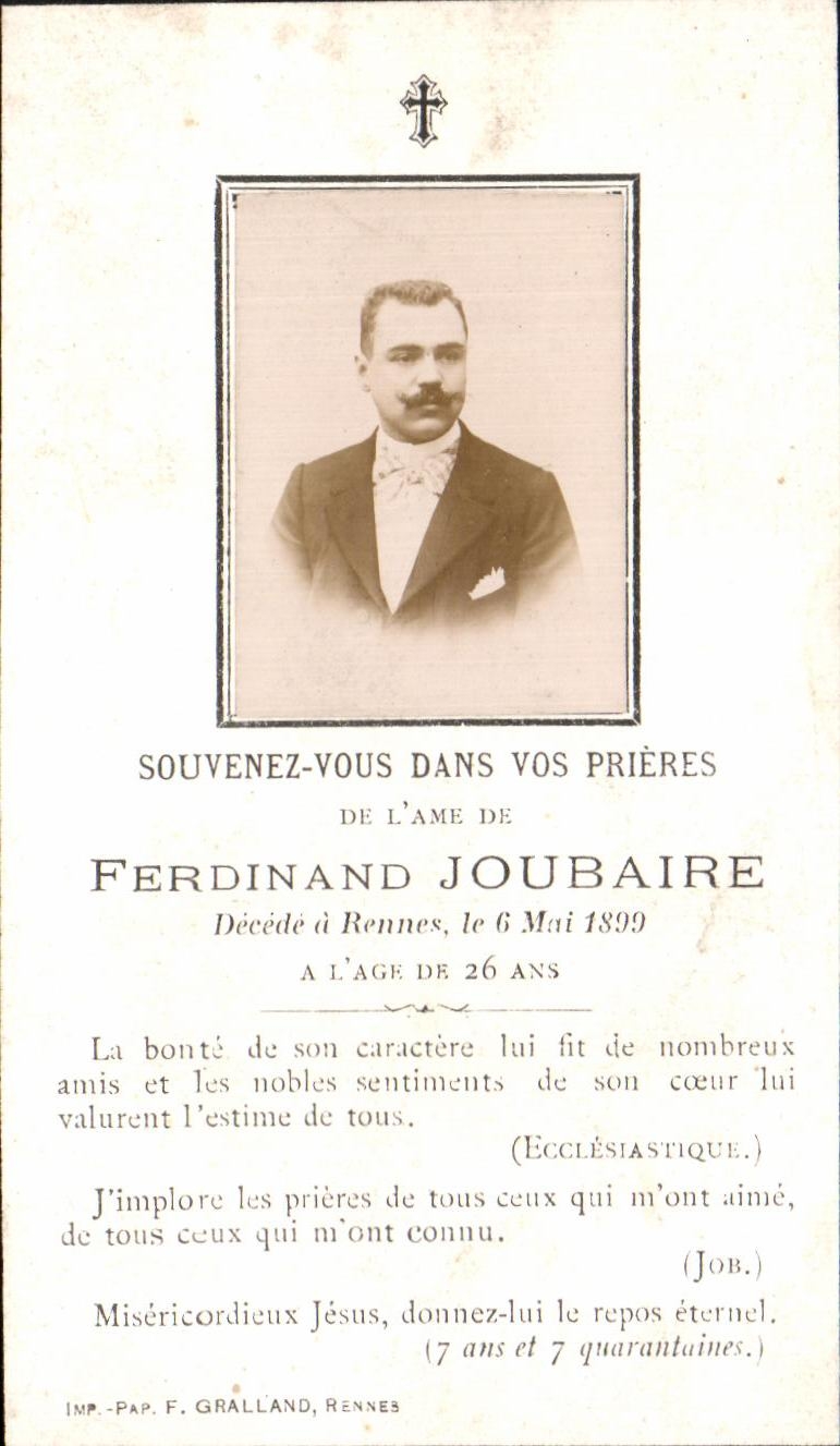 Ferdinand Joubaire — Décédé à Rennes le 6 mai 1899 — IMP. PAP. F. GRALLAND, RENNES