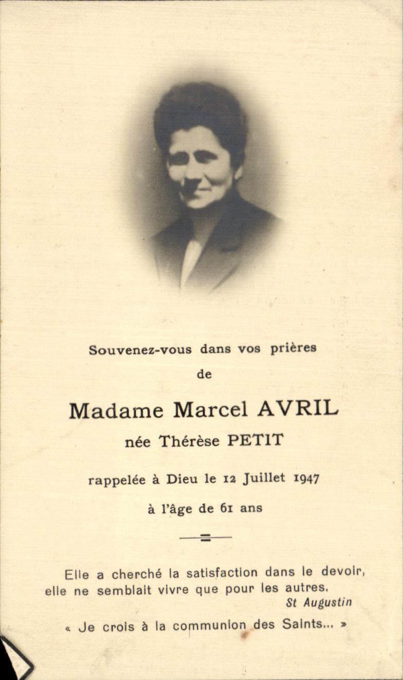 Madame Marcel AVRIL — née Thérèse PETIT — décédée le 12 juillet 1947 à 61 ans — éditeur Bouasse Jeune, Paris