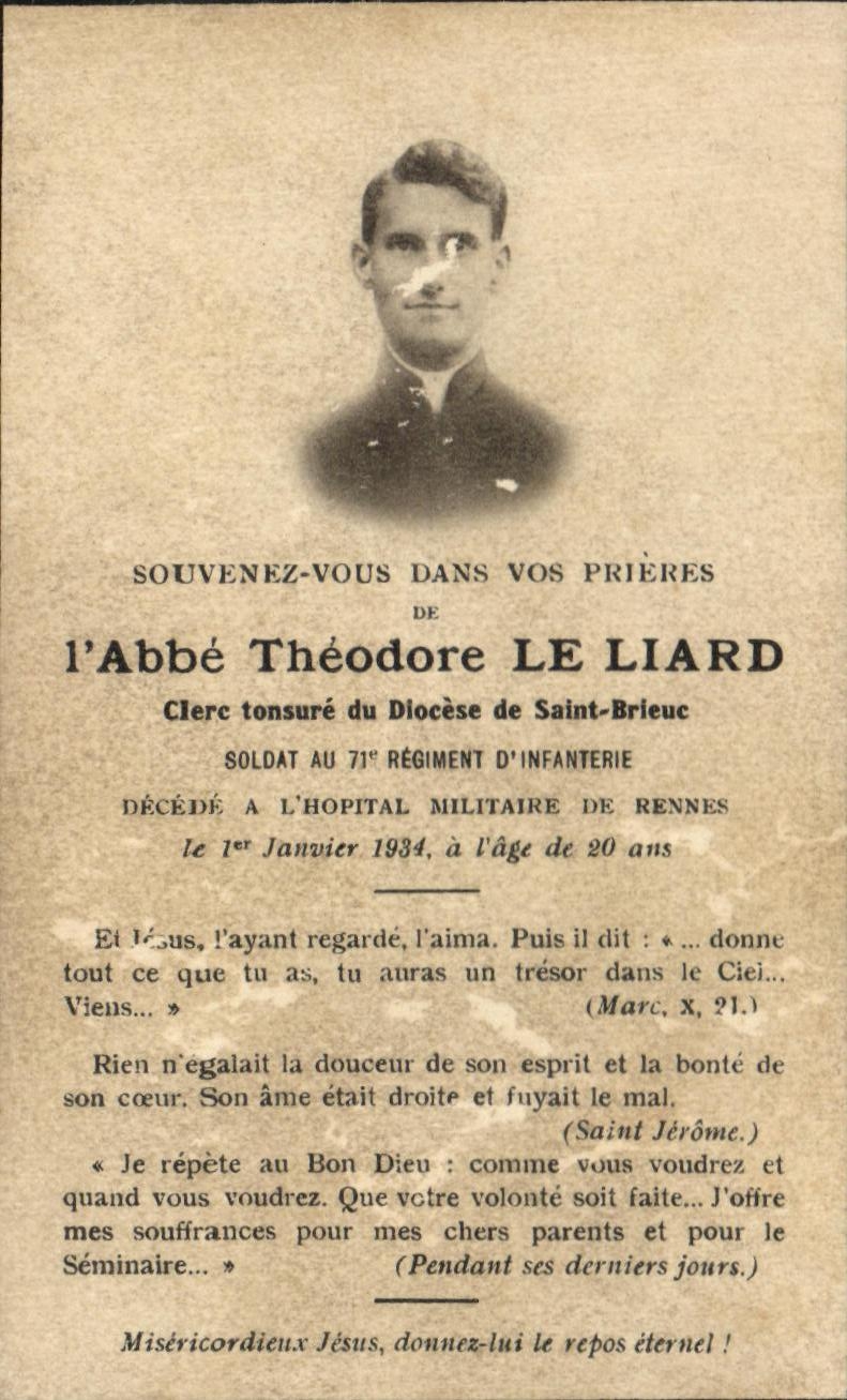 Image pieuse Aabbe theodore Le Liard saint Brieuc Hopital militaire de Rennes 