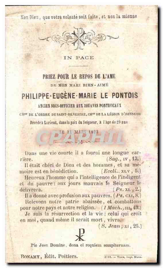 Image pieuse Pierre Eugene Le Pontois Sous officier aux zouaves pontificaux  — Verso