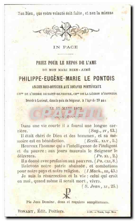 Image pieuse Pierre Eugene Le Pontois Sous officier aux zouaves pontificaux  — Verso