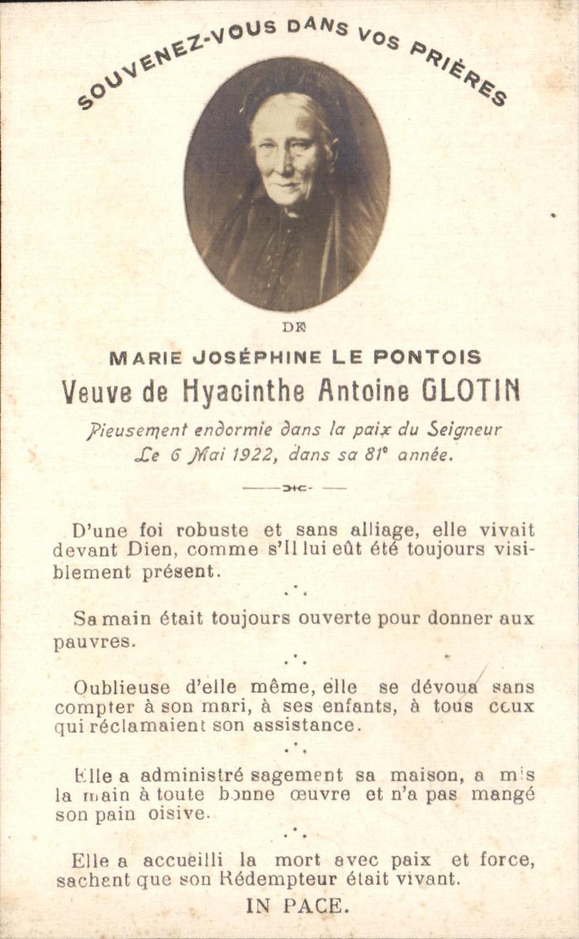 Image pieuse Hyacinthe Antoine GlotinMarie Josephine Le Pontois