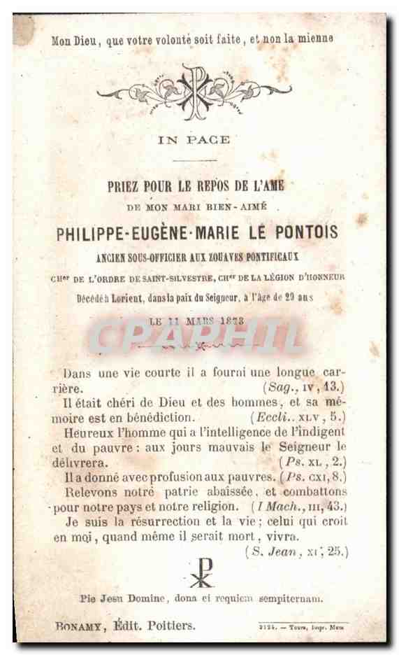 Image pieuse Philippe Eugene Marie Le Pontois Ancien Sous Officier aux Zouaves Pontirficaux