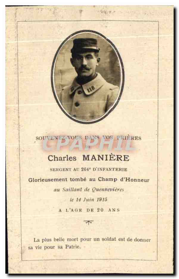 Charles MANIÈRE — Sergent au 264e d'Infanterie — Glorieusement tombé au Champ d'Honneur à Quennevières le 14 juin 1915 — Souvenez-vous dans vos prières — Rückseite