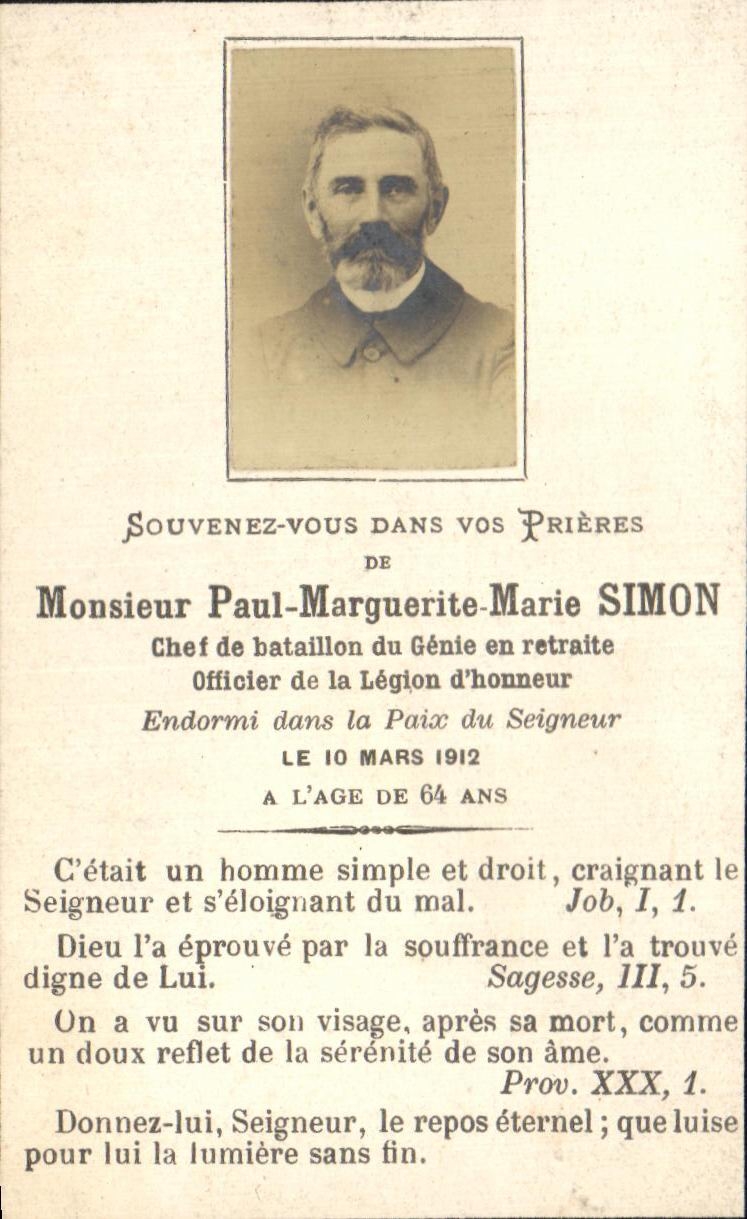 Image pieuse Paul Marguerite Marie Simon Chef de bataillon du genie Militaria