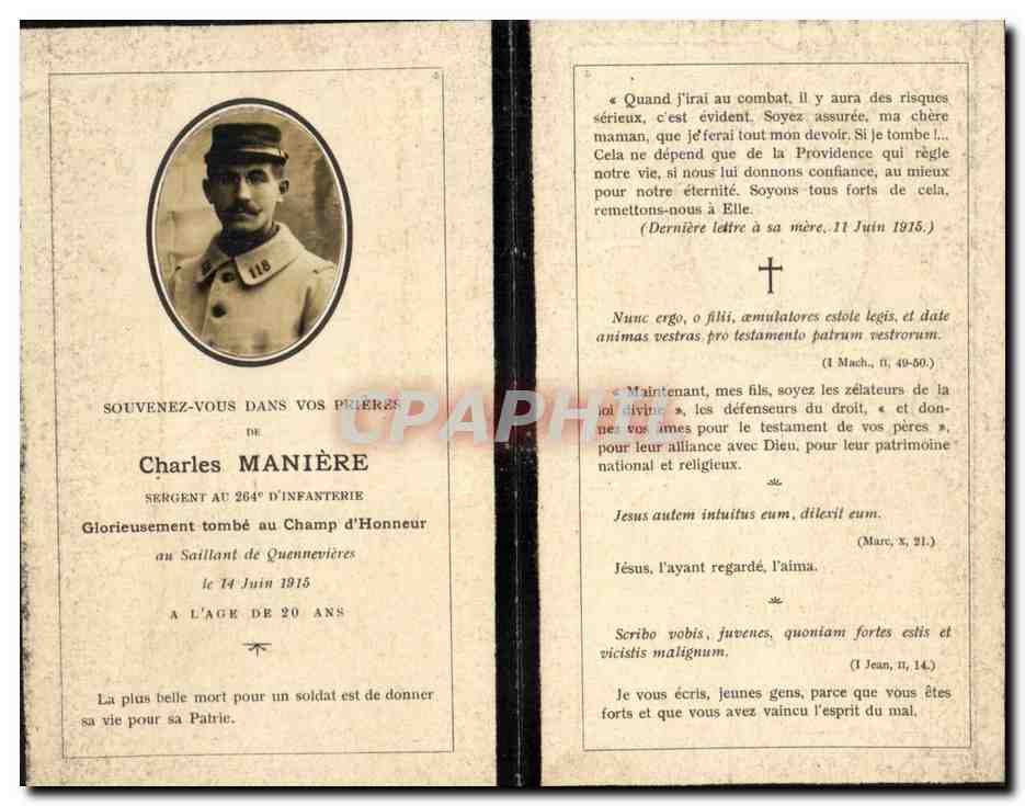 Sergent Charles Manière — Glorieusement tombé au champ d'honneur — Rousseau-Label, Éditeur, 21 Rue St. Hilaire, Paris