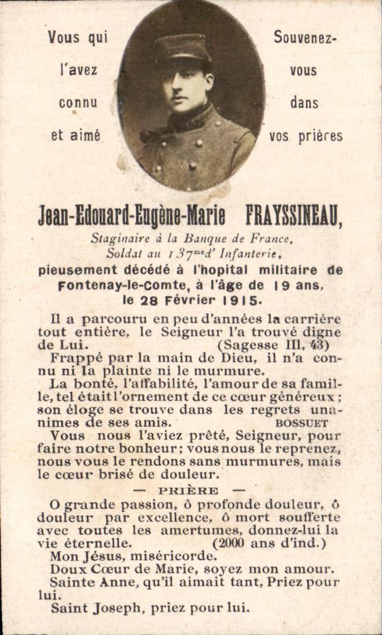 Image pieuse Jean Edouard Eugene Marie Frayssineau staginaire a la Banque de France Fontenay le Comte Militaria 