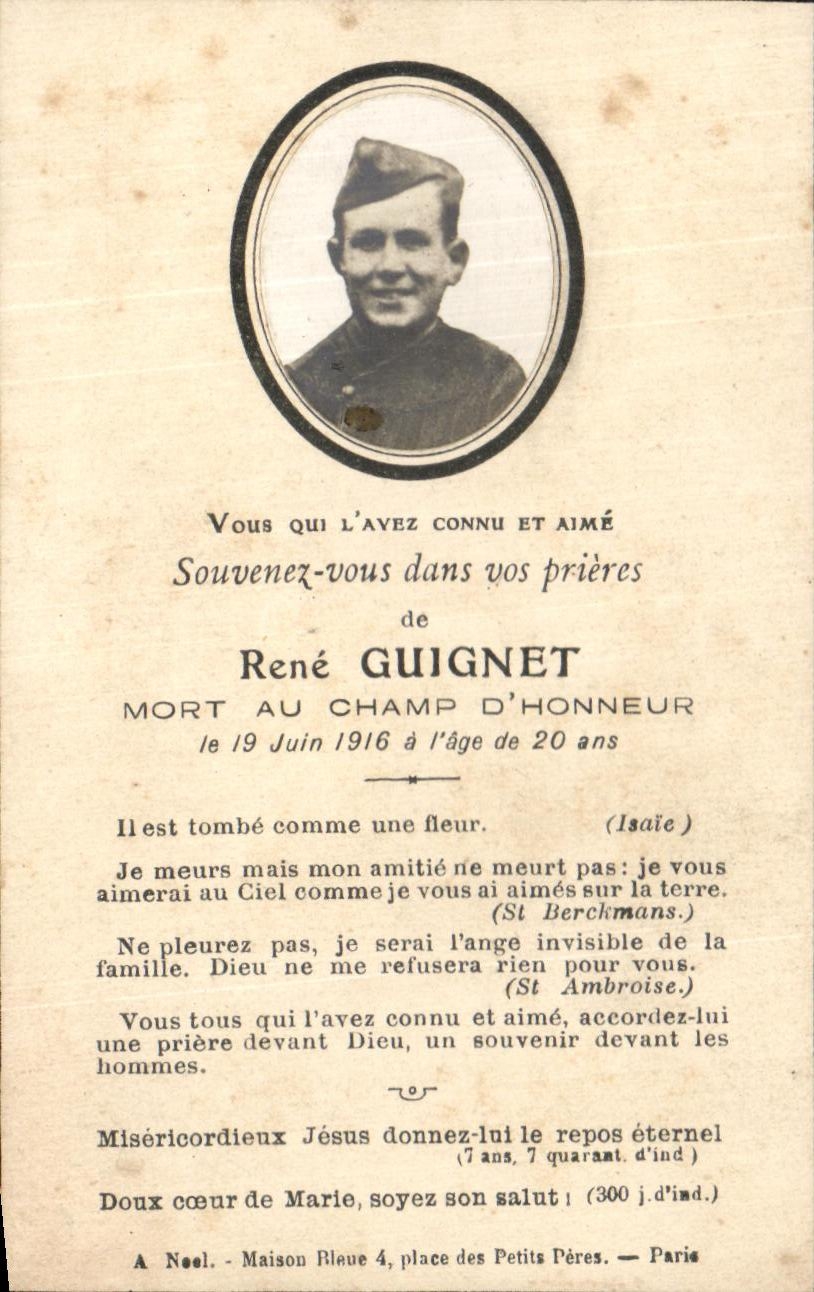 Image pieuse Rene Guignet Mort au champ d'honneur Militaria 