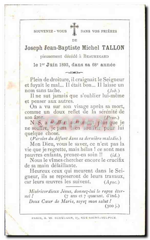 Image pieuse Mort de Saint Jopseh Joseph Michel Tallon Beauregard — Back