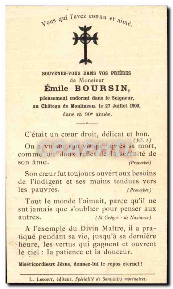 Émile Boursin — décédé au Château de Moulineau le 27 juillet 1900 — L. Lesort, éditeur