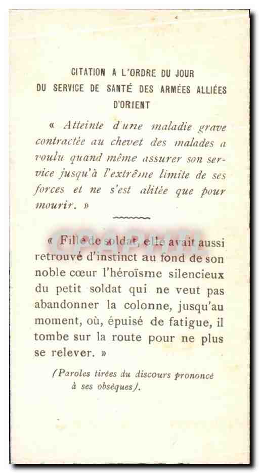 Image pieuse Marcelle de Nadaillac Infirmiere de la Croix Rouge Salonique Grece — Verso