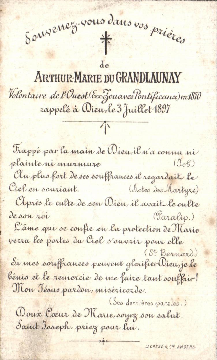 Image pieuse Arthur Marie du Grandlaunay Volontaire de l'ouest Zouaves de pontificaux