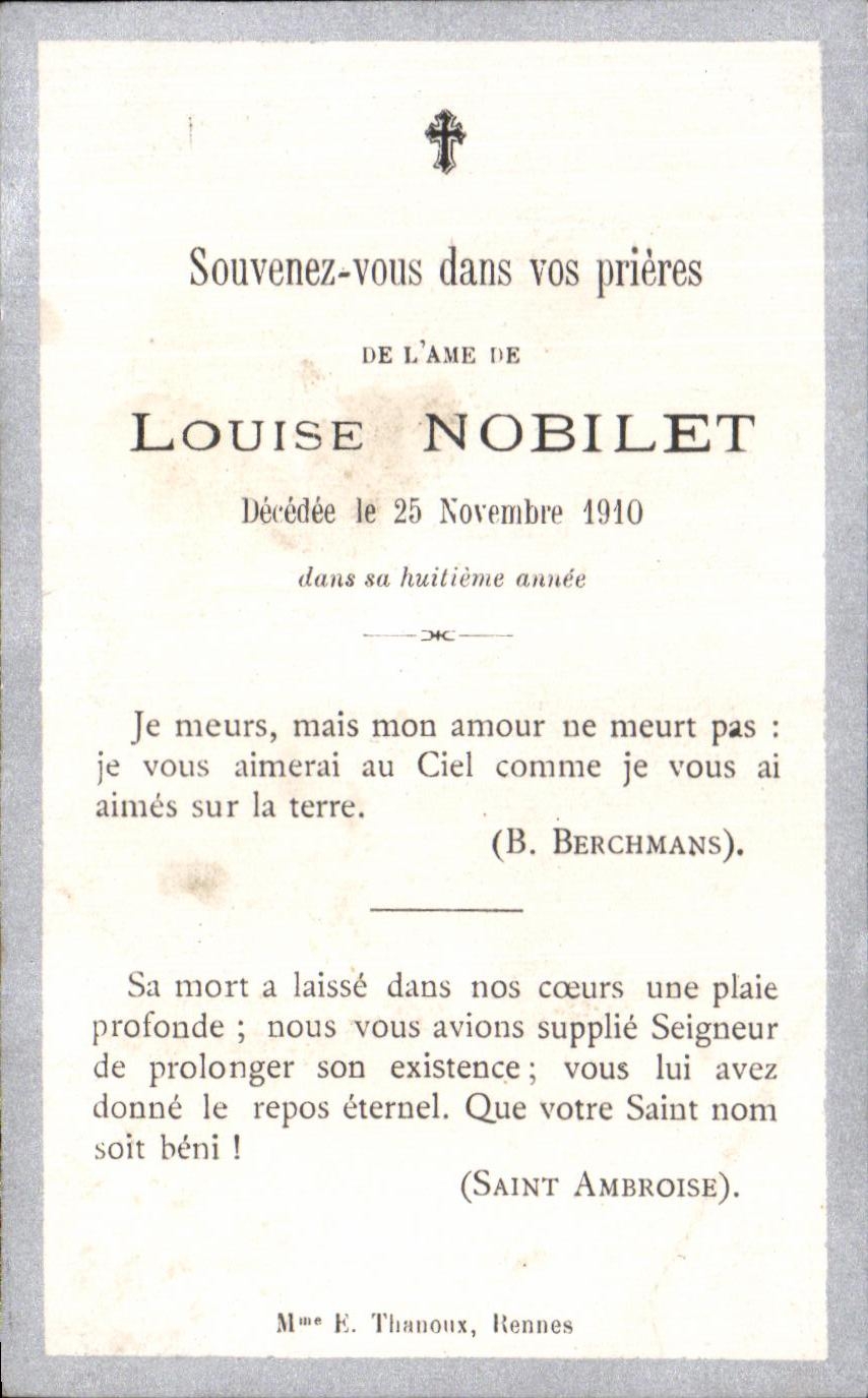 Louise Nobilet — Décédée le 25 novembre 1910 — Mme E. Thanoux, Rennes