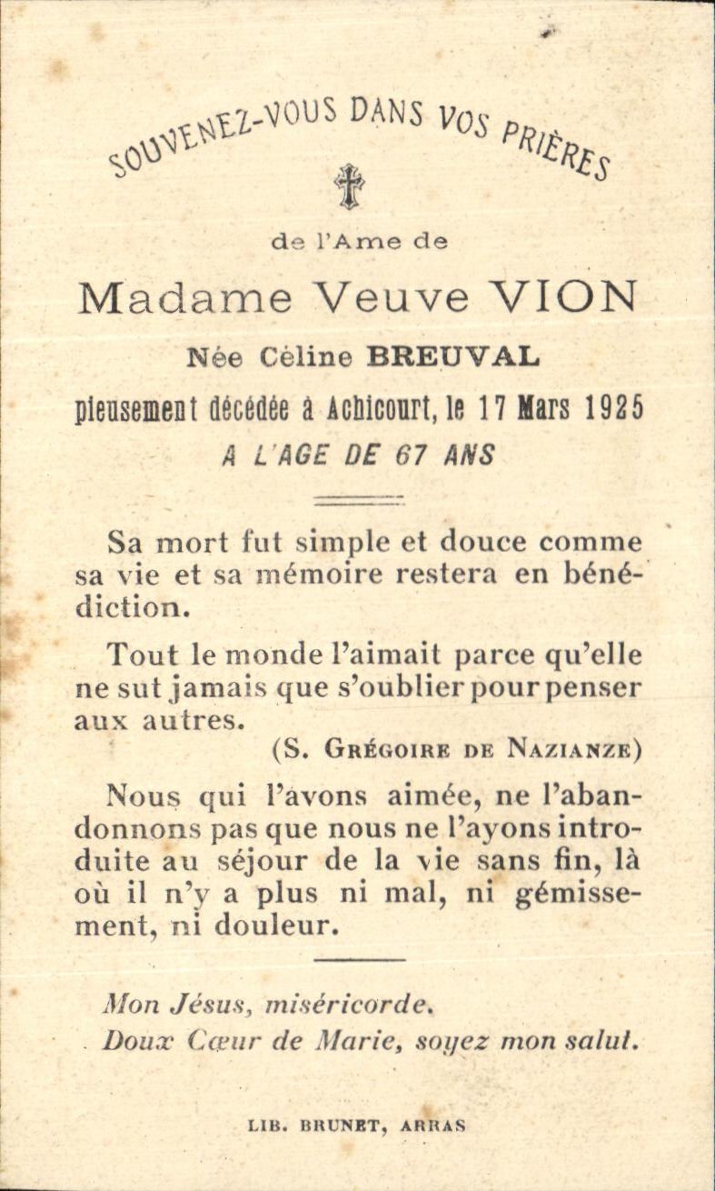 Image pieuseMadame Veuve vion Celine Breuval Achicourt
