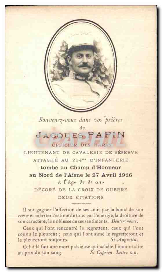 Image pieuse Jacques Papin Officier Des Haras Militaria Cavalerie de reserve 