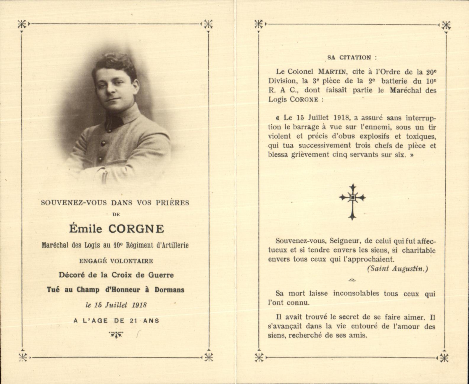 Image pieuse Emile Corgne Marechal des logis militaria