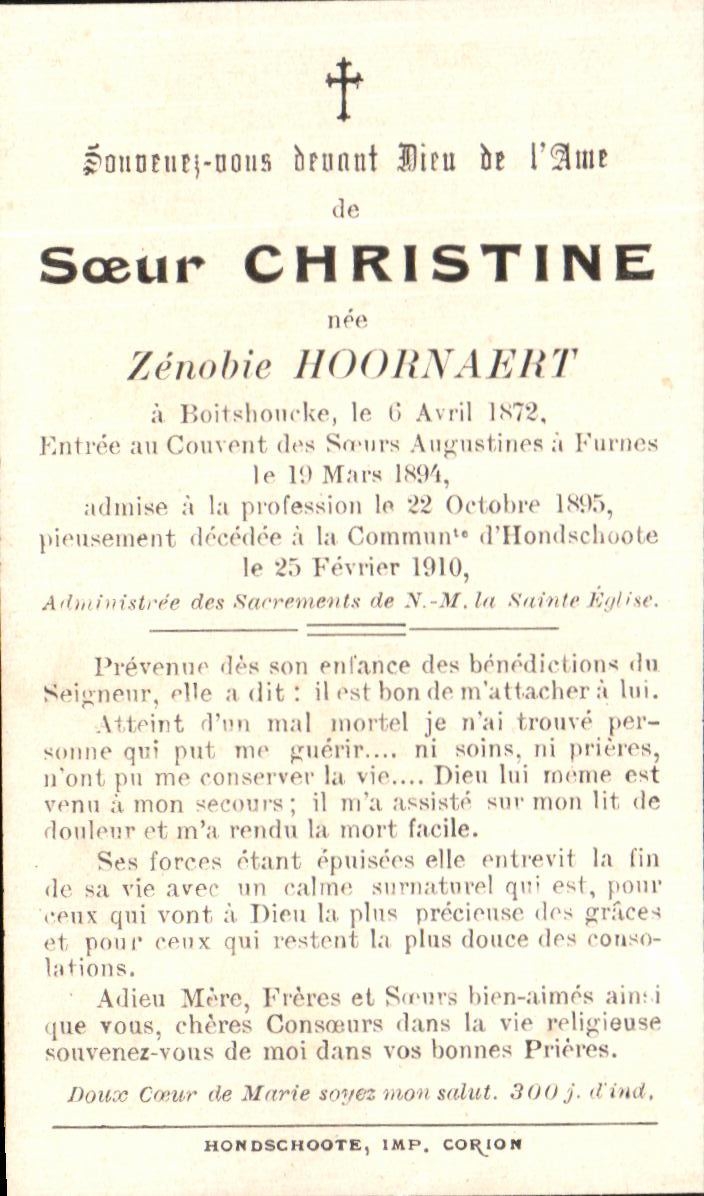Image pieuse Soeur Christine Zenobie Hoornaert Boisthoucke Couvent des Soeurs augustines a Furnes