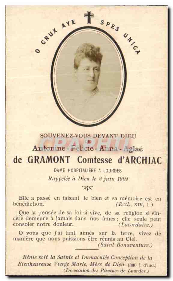 Image pieuse Autonine Felicie Anna Aglae De Gramont Comtesse d'Archiac Dame hospitaliere a Lourdes 