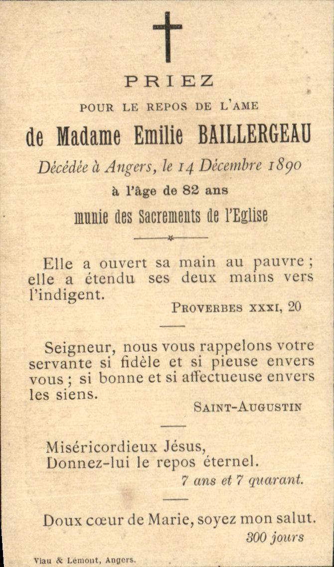 Image pieuse Madame Emilie Baillergeau Angers